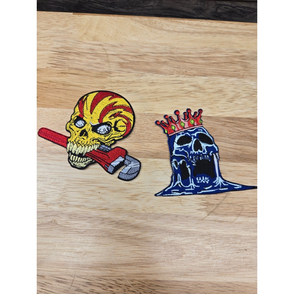 2pc Skull Patches Wrench Skull and Crowned Melting Skull Iron On Appliques